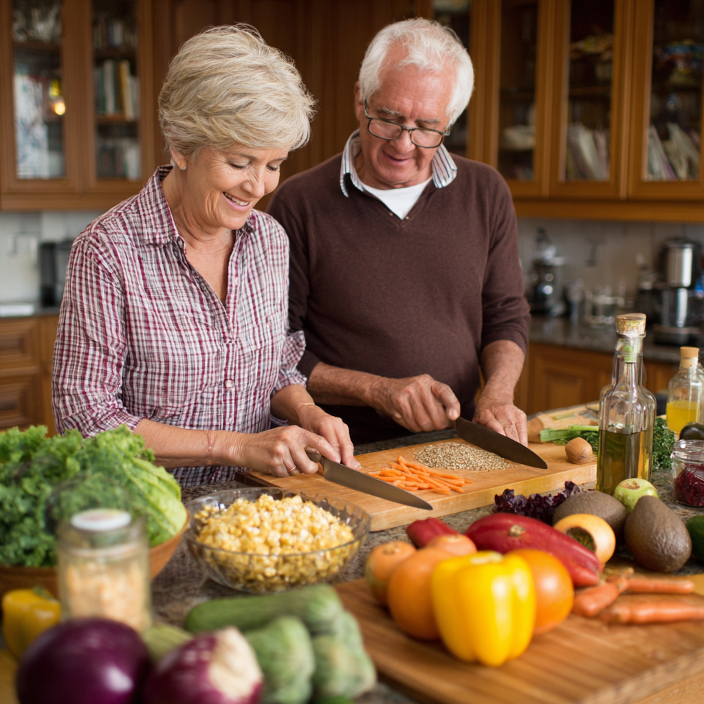 Middle-aged adults practicing gentle exercises and preparing healthy fiber-rich meals