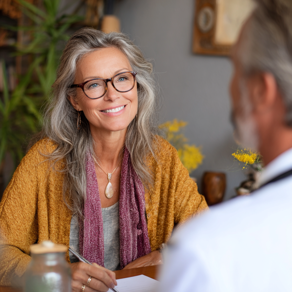 Middle-aged woman consulting with wellness professional about natural health approaches