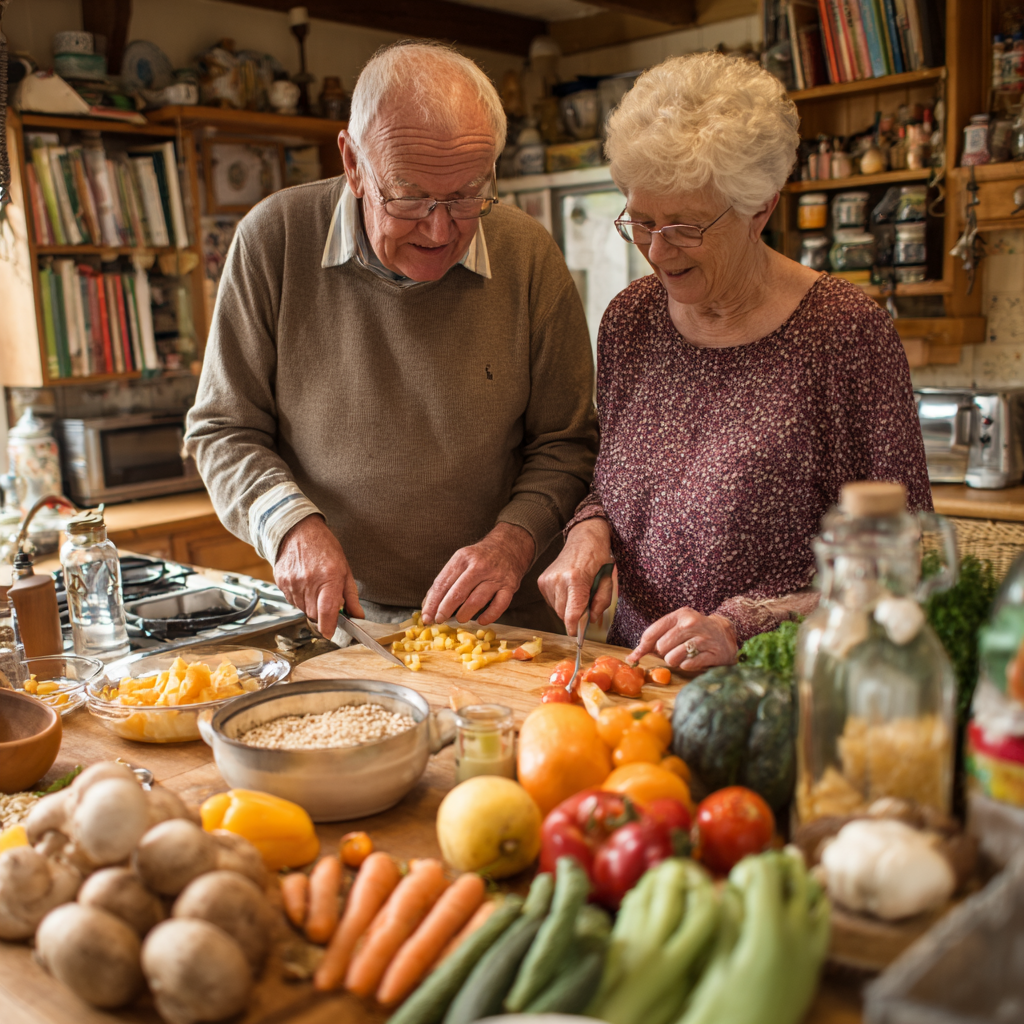 Older adults preparing colorful fiber-rich meals with vegetables and grains